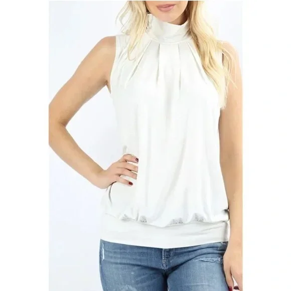 Zenana Sleeveless Mock-TurtleNeck Pleated Top with Waistband size Small NWOT - Picture 1 of 6